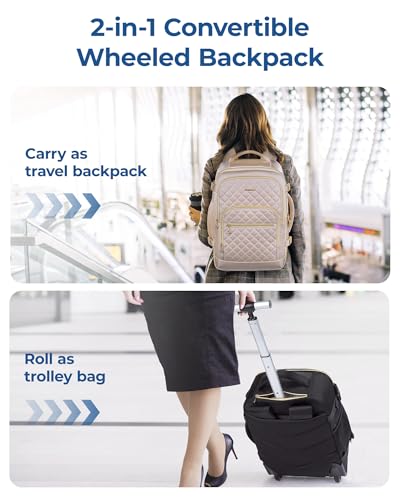 BAGSMART Rolling Backpack for Women, Travel Carry on Backpack with Wheels for Adults, 17 Inch Large Roller Backpack, Wheeled Backpack with Two Packing Cube, Black