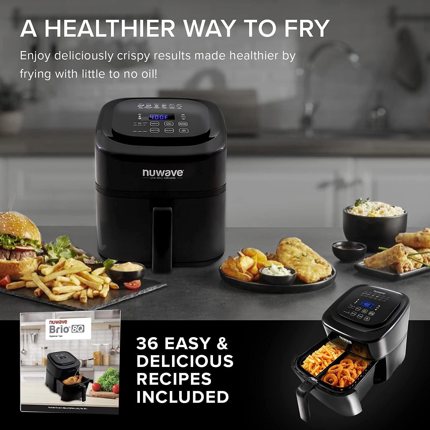 NUWAVE Brio Digital Air Fryer 7.25-Quart with One-Touch Digital Controls, 100 Easy Presets, Precise Temperature Control, Reversible-Rack, Recipe Book, Wattage Control, and Advanced Functions like PREHEAT and REHEAT