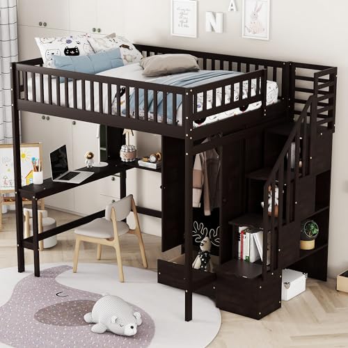 Full Size Loft Bed with Wardrobe Desk Storage Stairs, Wood Loft Bed Frame with Bookcase and Drawers, High Loft Bedframe for Kids Teens Adults, No Box Spring Needed, Espresso