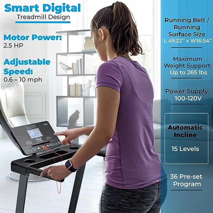 SereneLife Folding Exercise Running Treadmill Machine, Upgraded Electric Motorized Exercise Equipment with 36 Pre-set Program, 15 Incline Level, Bluetooth Music and App support for Home Gym or Office