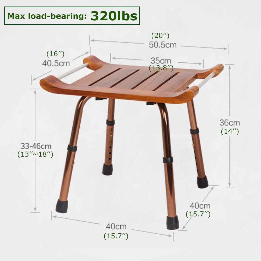 PAGLE Wood Bath Shower Stool Spa Shower Chair with Arm Teak Bath Bench Stool with Non-Slip Feet Adjustable Height Shower Seat Lightweight Bathtub Chair for Elderly Senior Handicap Disable