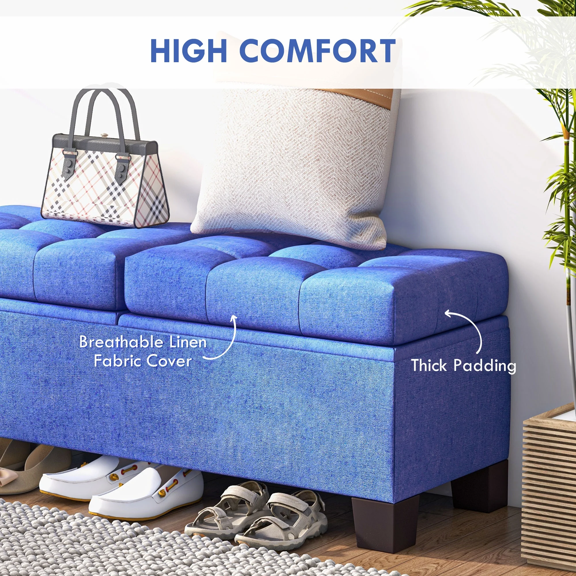 HOMCOM Storage End of Bed Bench, Upholstered Bench with Steel Frame, Blue