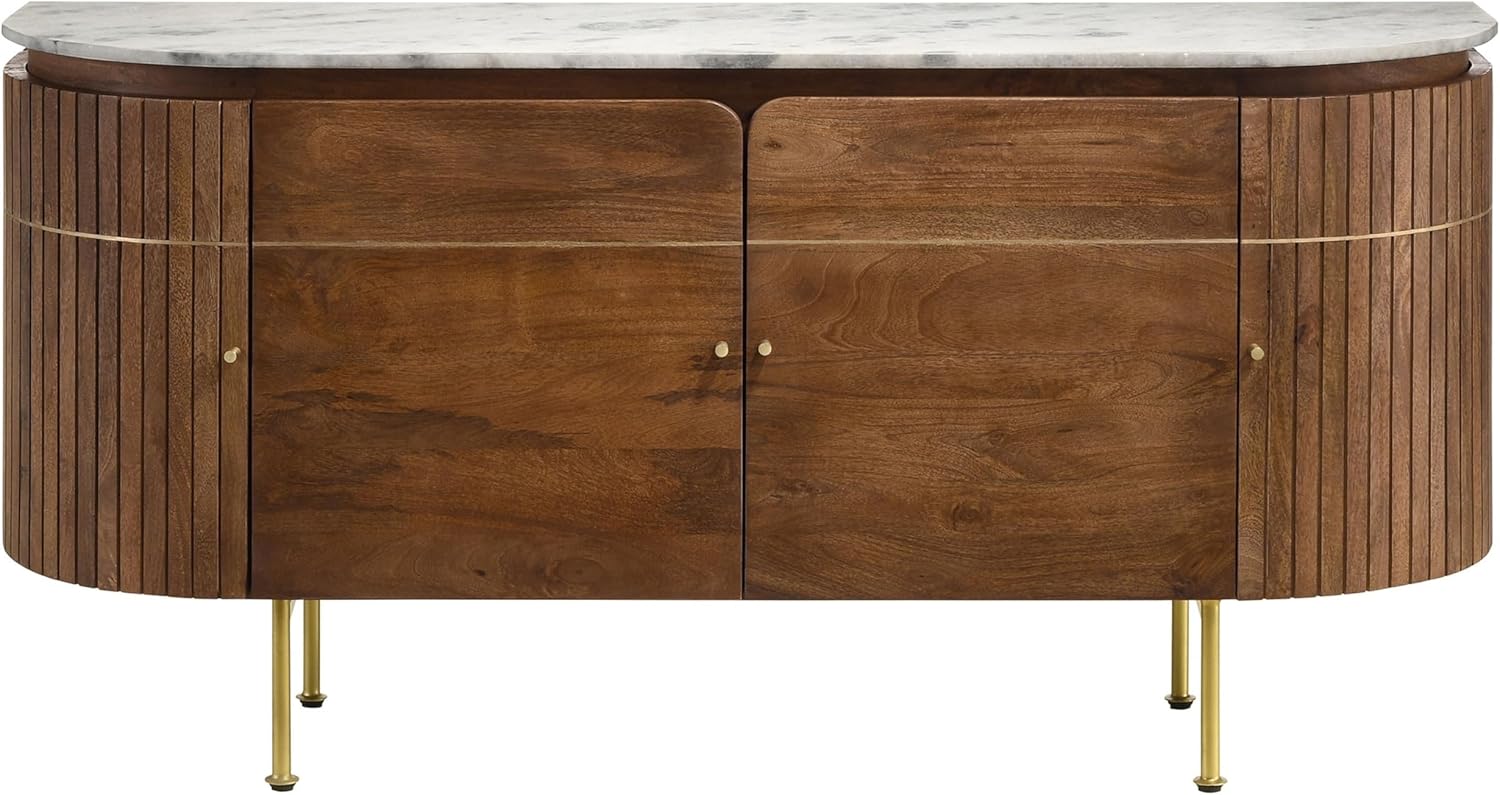 Benjara Evi 63 Inch Dining Sideboard Server, Curved Marble Top, White, Brown and Brass