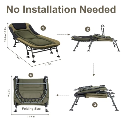 XXL Camping Cots for Adults 330Lbs with Carry Bag, Heavy Duty Folding Bed with Soft Padded Cushion, Portable Military Cot for Hunting, 180° Adjustable Reclining Outdoor Lounger