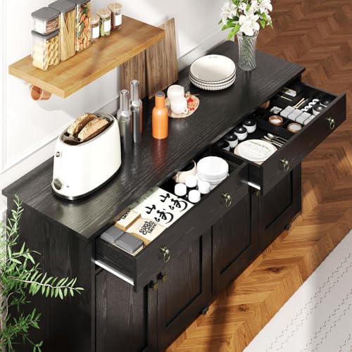 4 EVER WINNER Buffet Cabinet with Storage, 55" Sideboard Buffet Cabinet with 2 Drawers and 4 Doors, Modern Farmhouse Coffee Bar Cabinets, Wood Buffet Table for Kitchen, Dining Room, White