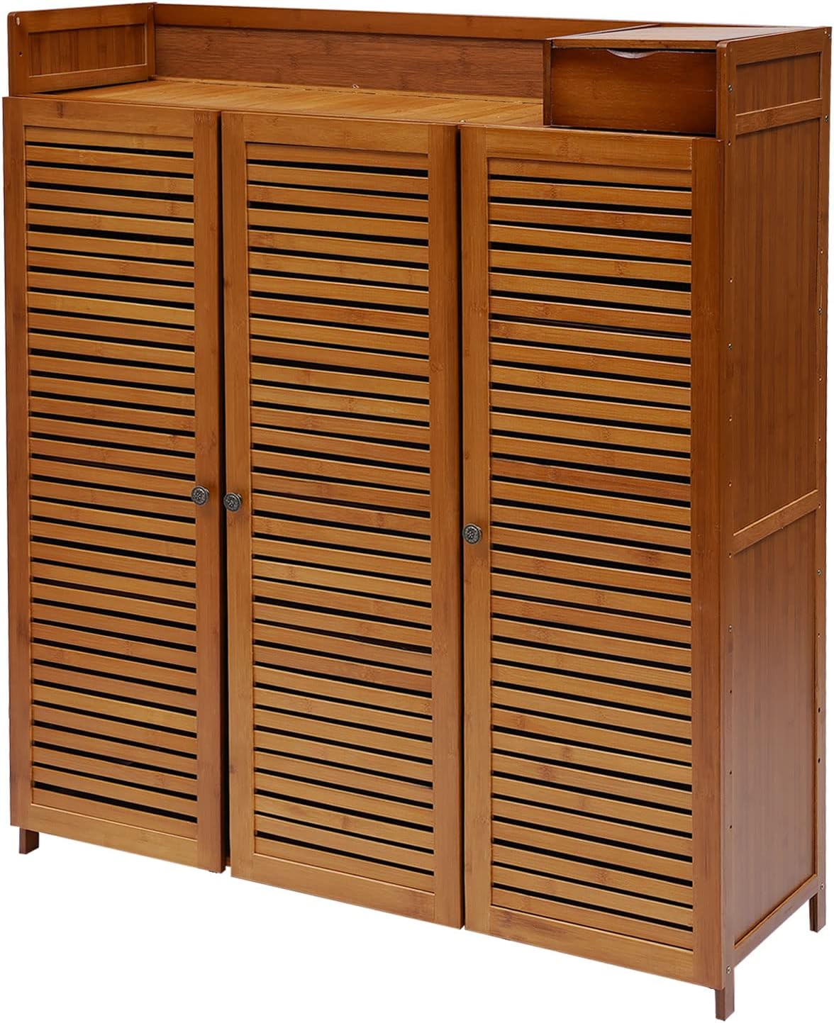 7-Tier Shoe Storage Rack with 3 Doors, Bamboo Rack Organizer Cabinet Wood Freestanding Shoe Storage Cabinet for Entryway Hallway Closet, 38.6" L×12.6" W×45.3" H