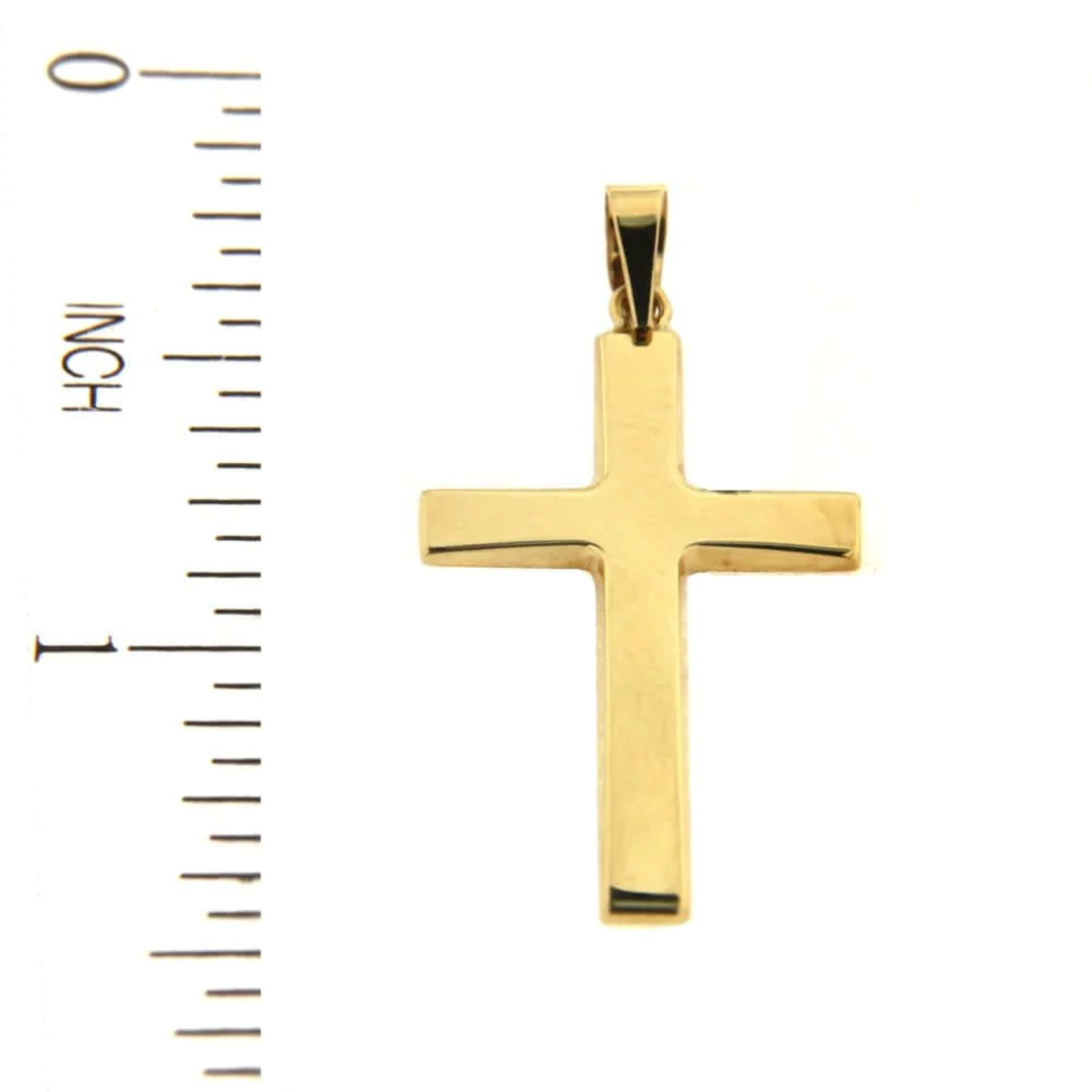 18K Solid Yellow Gold Polished Hollow Cross 1.00 inch.