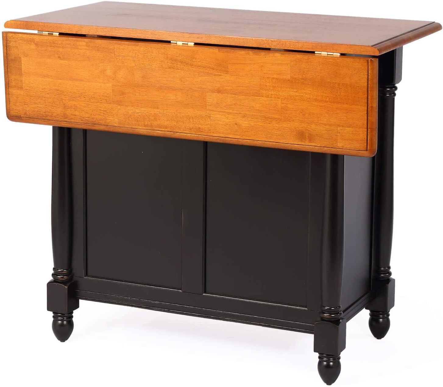 Antique Black Expandable Kitchen Island with Cherry Drop Leaf Top, Drawers and Cabinet