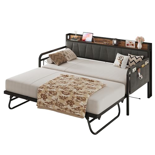 LIKIMIO Daybed with Trundle Bed, Twin Bed Frame with Storage Headboard and Charging Station, Sofa Day Bed with Strong Supports for Living Room, Bedroom, and Guest Room, Grey