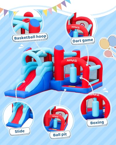 Bounce House, Bouncy House with Slide, Indoor Outdoor Inflatable Bounce House for Kids, Bounce Castle with Jumping House, Ball Pit, Basketball Hoop and Target Balls