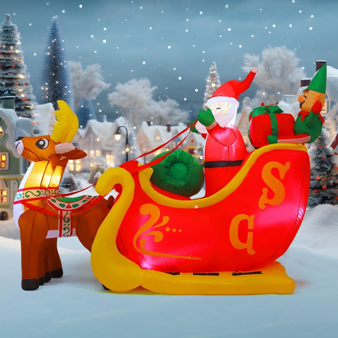 GOOSH 7 FT Christmas Inflatables Santa Claus in Sleigh and 6 FT Christmas Santa Inflatables Outdoor Decorations Smiling Santa Claus with Present Boxes