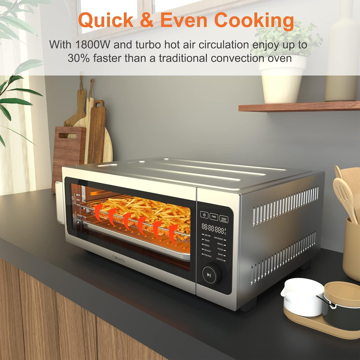 Air Fryer Toaster Oven Combo, Fabuletta 10-in-1 Countertop Convection Oven, Oil-Less Air Fryer Oven Fit 13" Pizza, 9 Slices Toast, 5 Accessories, 1800W, Dehydrate, Reheat, Bake