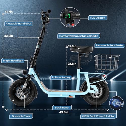 Caroma Peak 800W/1200W Electric Scooter Adults, 30 Miles Max Range, Foldable Electric Scooter with Seat, Front Suspension, Detachable Large Basket,Commuter E-Scooter for Adult and Teens