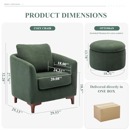 COLAMY Velvet Accent Chair with Storage Ottoman Set of 2, Upholstered Barrel Arm Chair with Footrest, Modern Living Room Chair with Back Pillow, Camel