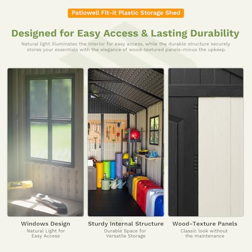 Patiowell 8 x 12 FT Plastic Outdoor Storage Shed with Floor, Resin Shed with Window and Lockable Door for Garden, Backyard, Tool Storage Use, Easy to Install in Beige (Kick-it Shed)