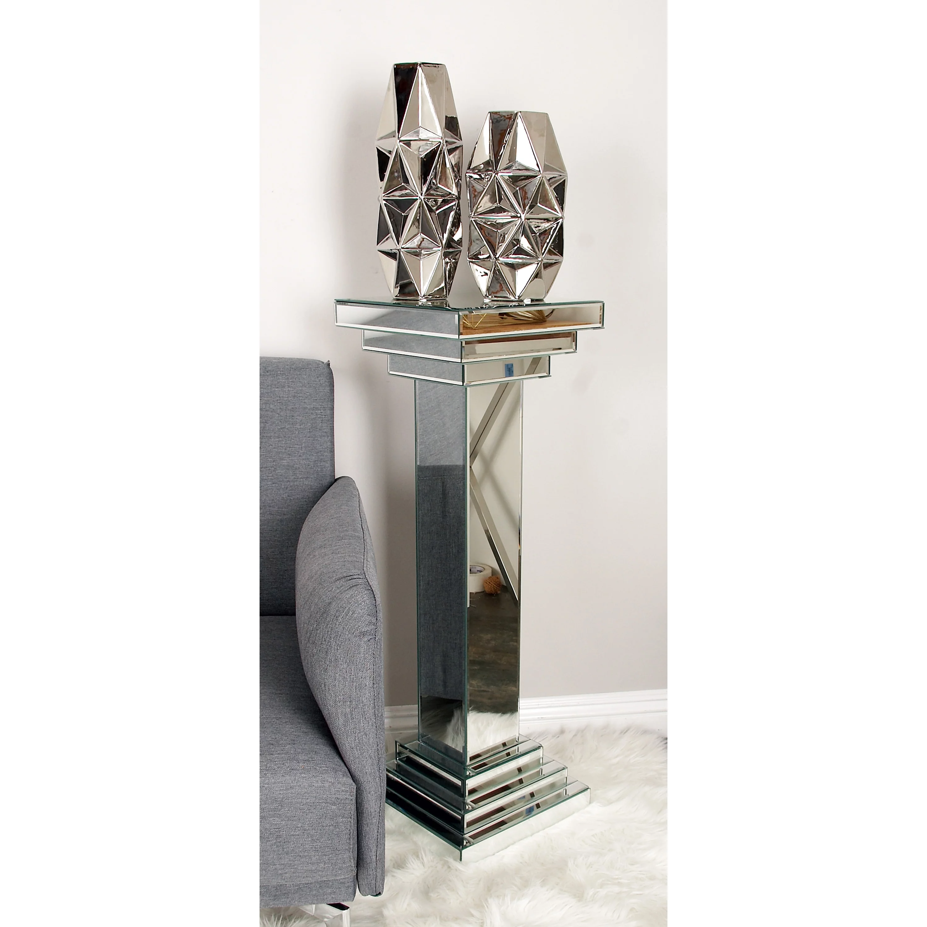 DecMode 12" x 36" Silver Glass Mirrored Pedestal Table, 1-Piece