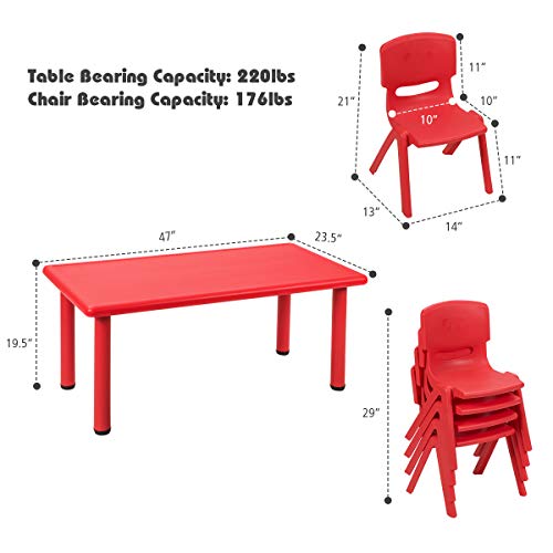 Costzon Kids Table and Chair Set, 4 Pcs Stackable Chairs, 47 x 23.5 Inch Rectangular Plastic Activity Table Set for Children Reading Drawing Playing Snack Time, Toddler School Furniture (Blue)