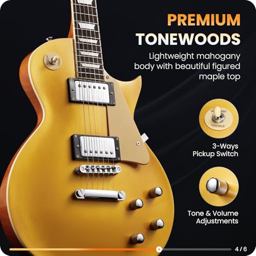 Fesley LP Electric Guitar with Arched Top:39" Solid Body Electric Guitars with Mahogany Body and Rosewood Fretboard,Electric Guitar with Humbucker Pickups, Guitarra Eléctrica with Alice String,Gold