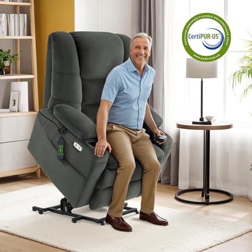 MCombo Large Triple Motor Power Lift Recliner Chair with Massage and Dual Heating, Adjustable Headrest for Tall Elderly People, Fabric 7634 (Grey, Large)