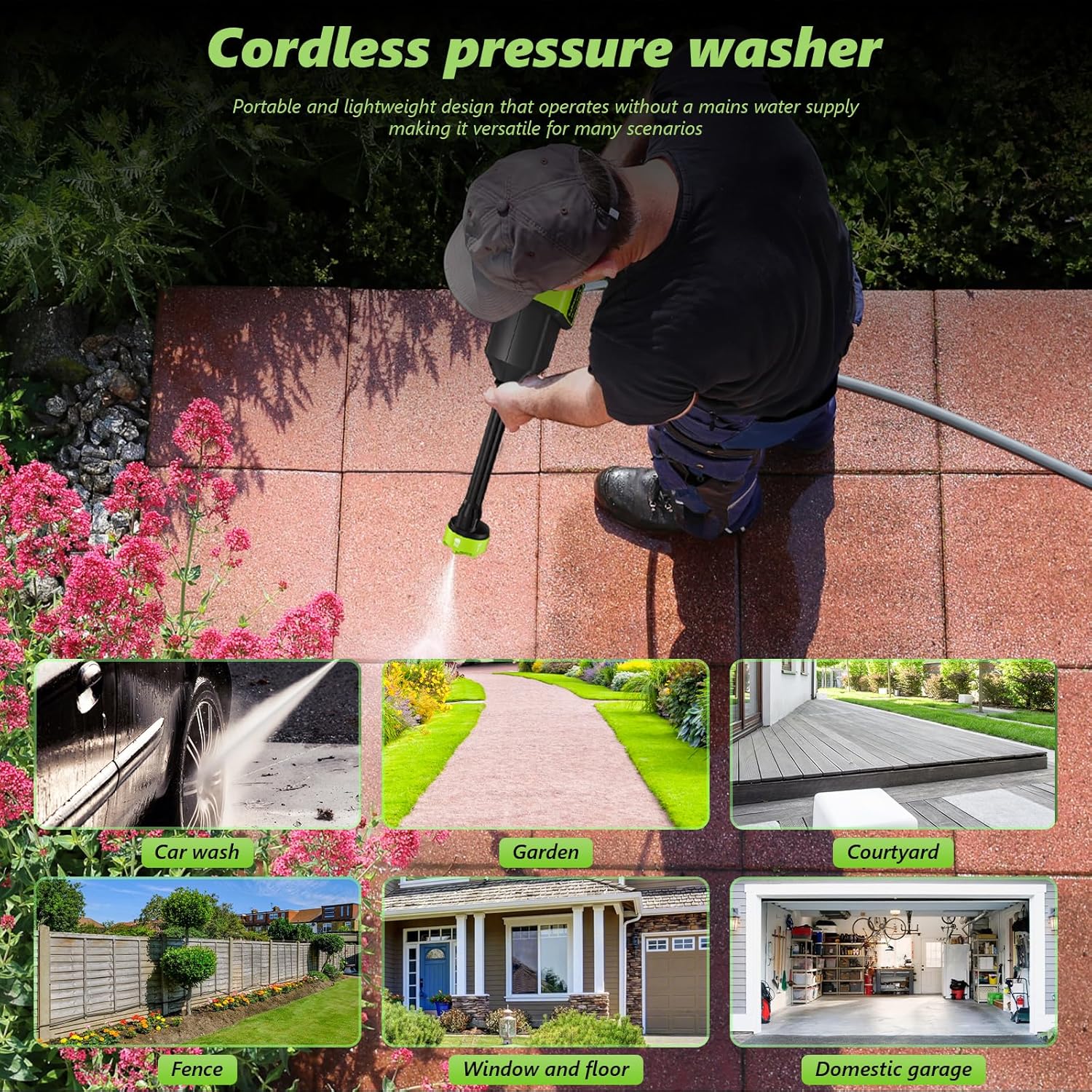 Cordless Pressure Washer, 1070PSI Portable Power Washer with 2 x 4.0Ah Battery, 6-in-1 Nozzle, 3 Speed Adjustment LCD Touch Screen, Handheld High-Pressure Electric Washer for Car/Fence/Floor/Patio