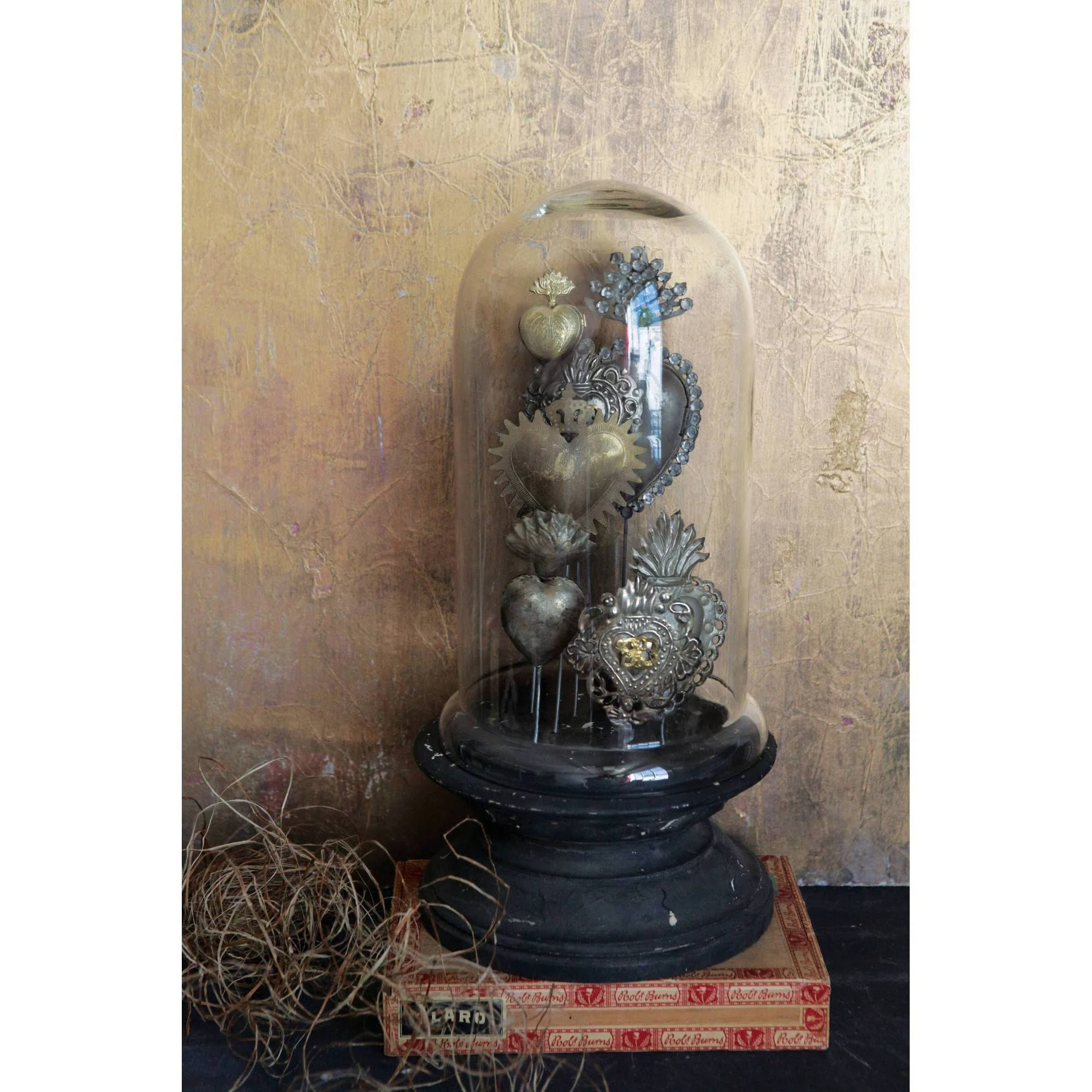 Creative Tin Sacred Hearts on Wood Pedestal with Glass Cloche