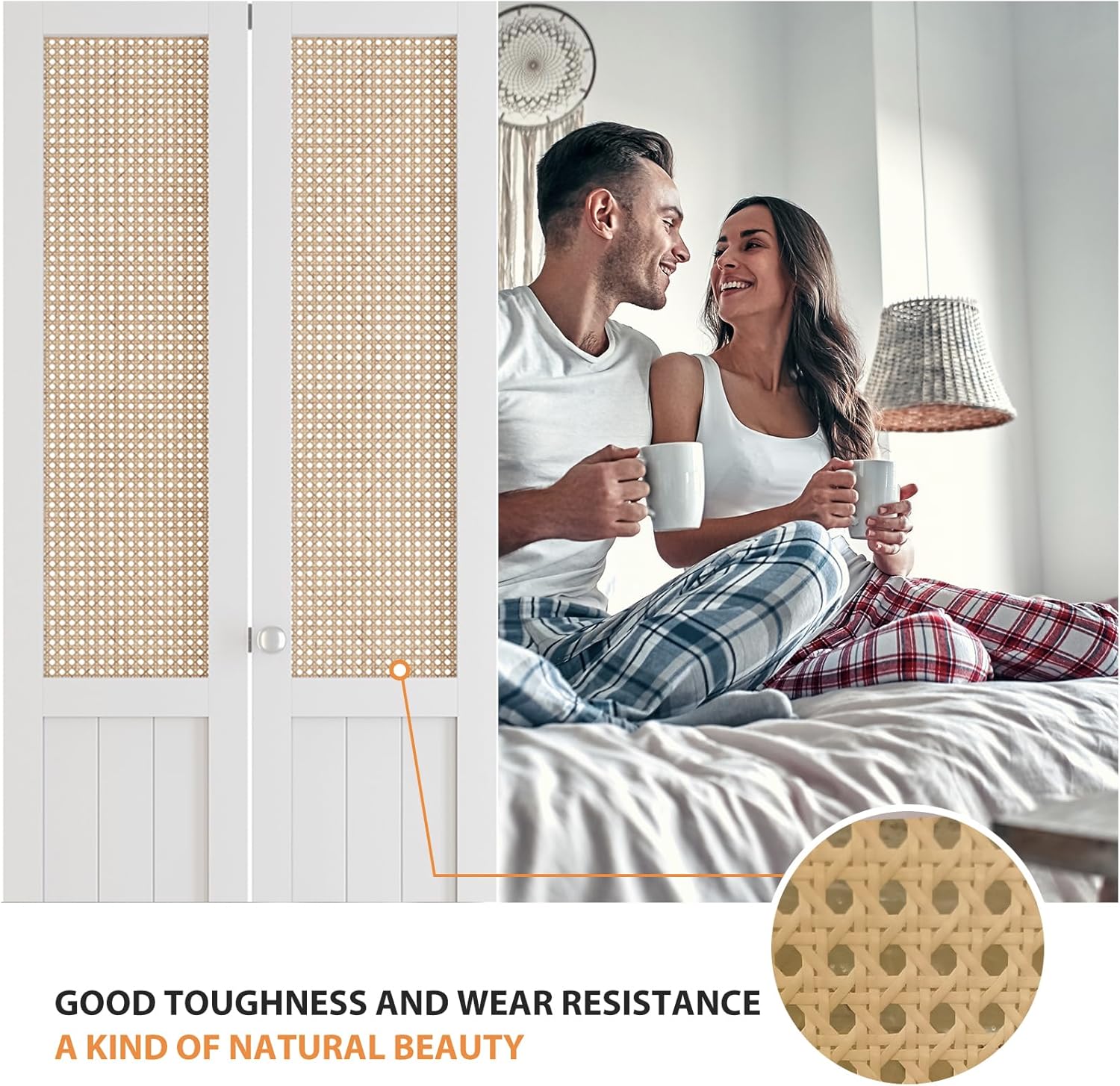 BARNER HOME Cane Bi-fold Doors - for 72"x 80" (Double 36" x 80" Doors) Opening, Webbing & Wood Interior Door Slab, Including Hardware, MDF, White Folding Door for Wardrobe