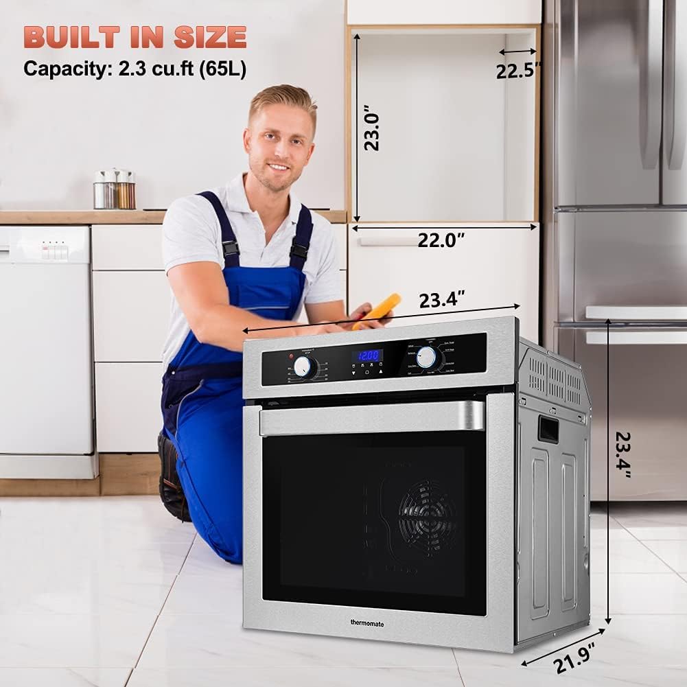 24 Single Wall Oven, thermomate 2.3 Cu.ft. Built-in Electric Wall Oven with 5 Cooking Functions, 2000W Electric Ovens with Stainless Steel Finish, Mechanical Knobs Control, ETL Certified