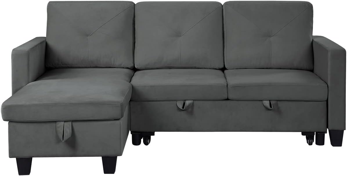 FANYE L-Shaped Reversible Corner Convertible Sectional Sofa with Pull Out Sleeper Couch Bed and Storage Chaise for Home Apartment Office Living Room, Dark Gray Velvet Sofa&Couch, 82.5"