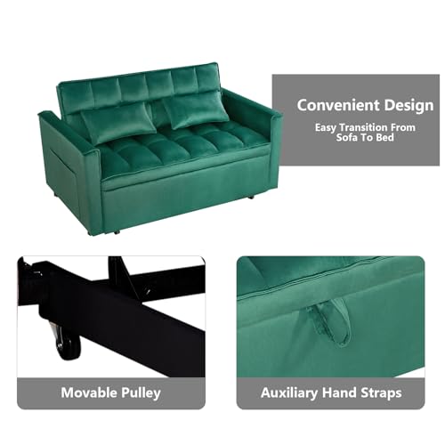 3 in 1 Convertible Sleeper Sofa Bed,Futon Loveseat Couch with Pull-Out Bed & Adjustable Backrest,Velvet Fabric Sofa with Side Pocket for Small Apartment, Living Room, Office (Black)