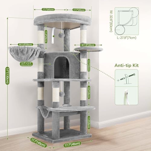 Globlazer Corner Cat Tree for Large Cats, 66inch Tall Curved Series Large Cat Tower for Multiple Indoor Cats with 6 Scratching Posts, 2 Spacious Cat Condos, Hammock, Hanging Basket, C66, Beige