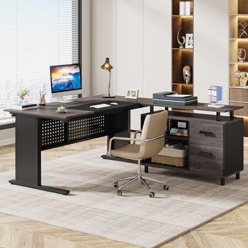 Tribesigns 63 Inch Executive Desk with File Cabinet, Large Office Desk L Shaped Computer Desk with Drawers and Storage Shelves, Business Furniture Desk Workstation for Home Office, Gray and Black