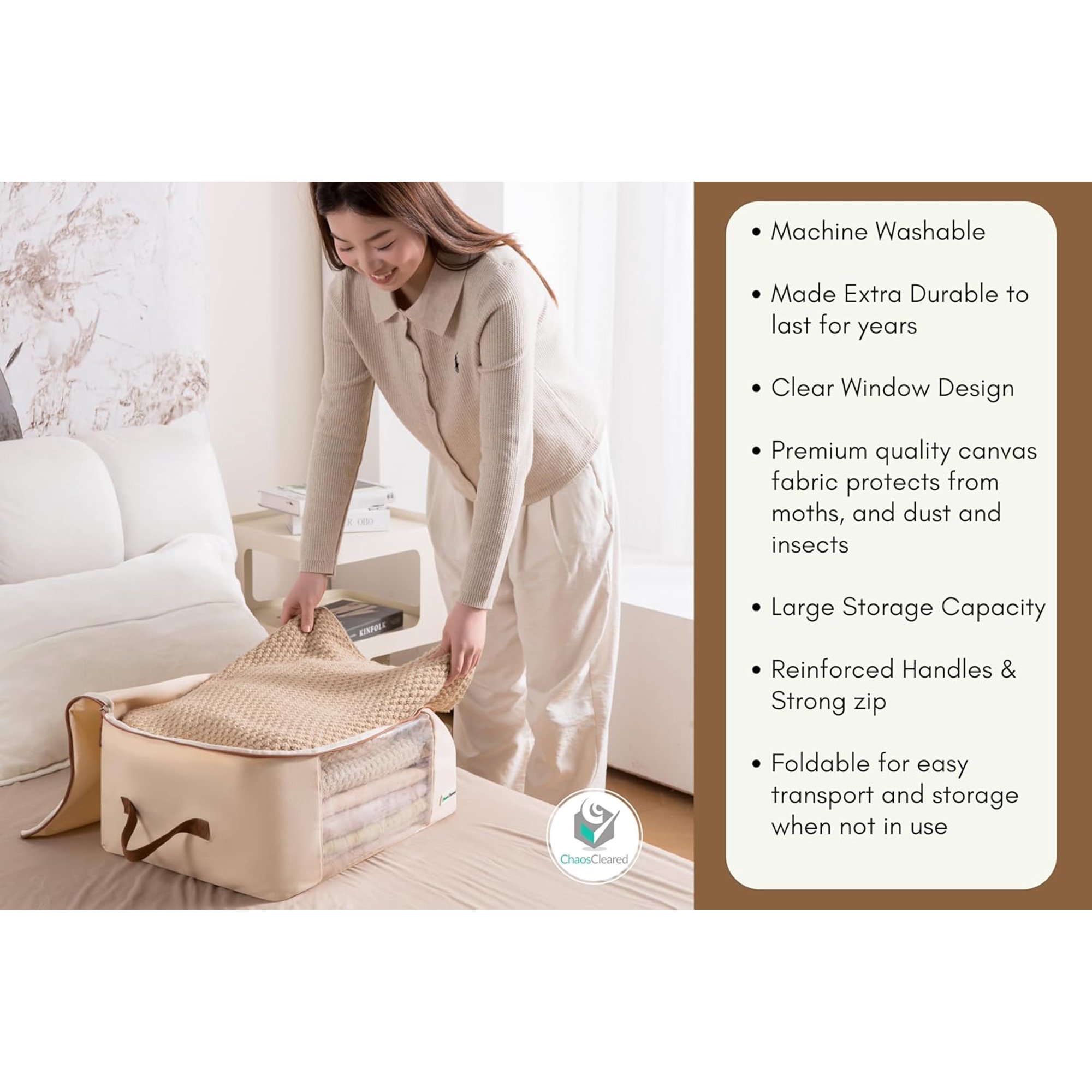 Canvas Clothing Storage 2 Bags Clothes Organizer folding fabric bags for sweaters, clothing, garment, bedding, quilt, linens, large folding organizers with zip &amp; window, mothproof underbed space save