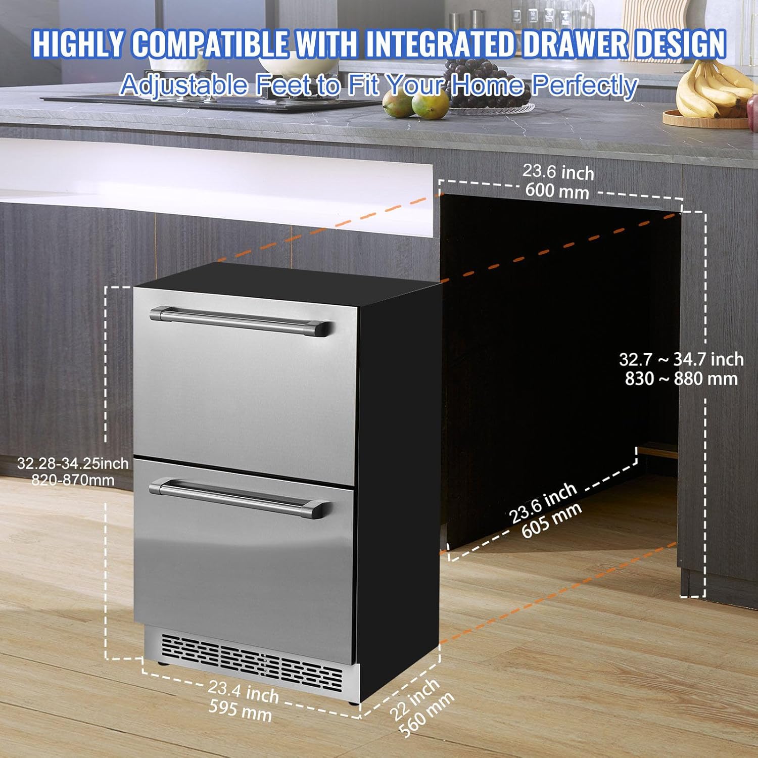 24 inch Undercounter Refrigerator, 2 Drawer Refrigerator with Different Temperature, 4.87 Cu.ft. Capacity - for Home and Commercial Use, None*None*None, silver, 1XBV003150