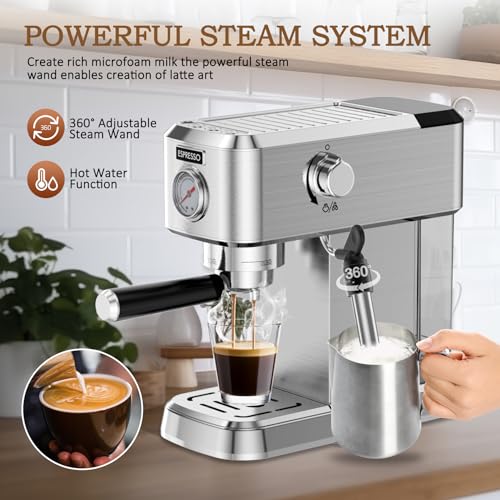 Espresso Machine, 20 Bar Espresso Maker with Milk Frother Steam Wand for Latte and Cappuccino, Compact Stainless Steel Espresso Coffee Machine with 50oz Removable Water Tank for Home