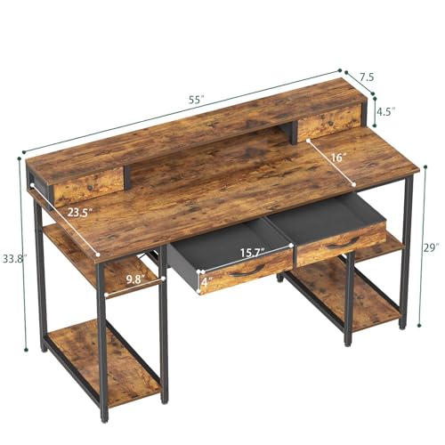 Treesland 55 Inch Computer Desk with Monitor Shelf, 24" Deep, Home Office Desks with Storage, Office Desk with 4 Drawers, Work Desk, Study Writing Desk, Desk with Drawers, Brown
