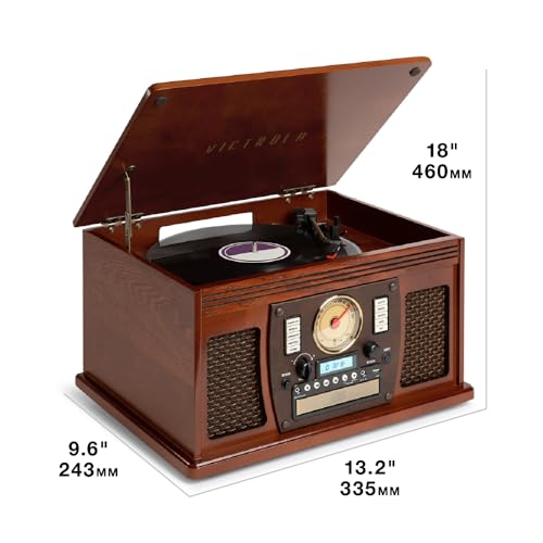 Victrola Navigator 8-in-1 Bluetooth Record Player with Built-in Speakers– 3 Speed Turntable, CD Player, Cassette, FM Radio, USB, RCA Out, Headphone Jack, Wireless Music Streaming, Real Wood (Mahogany)