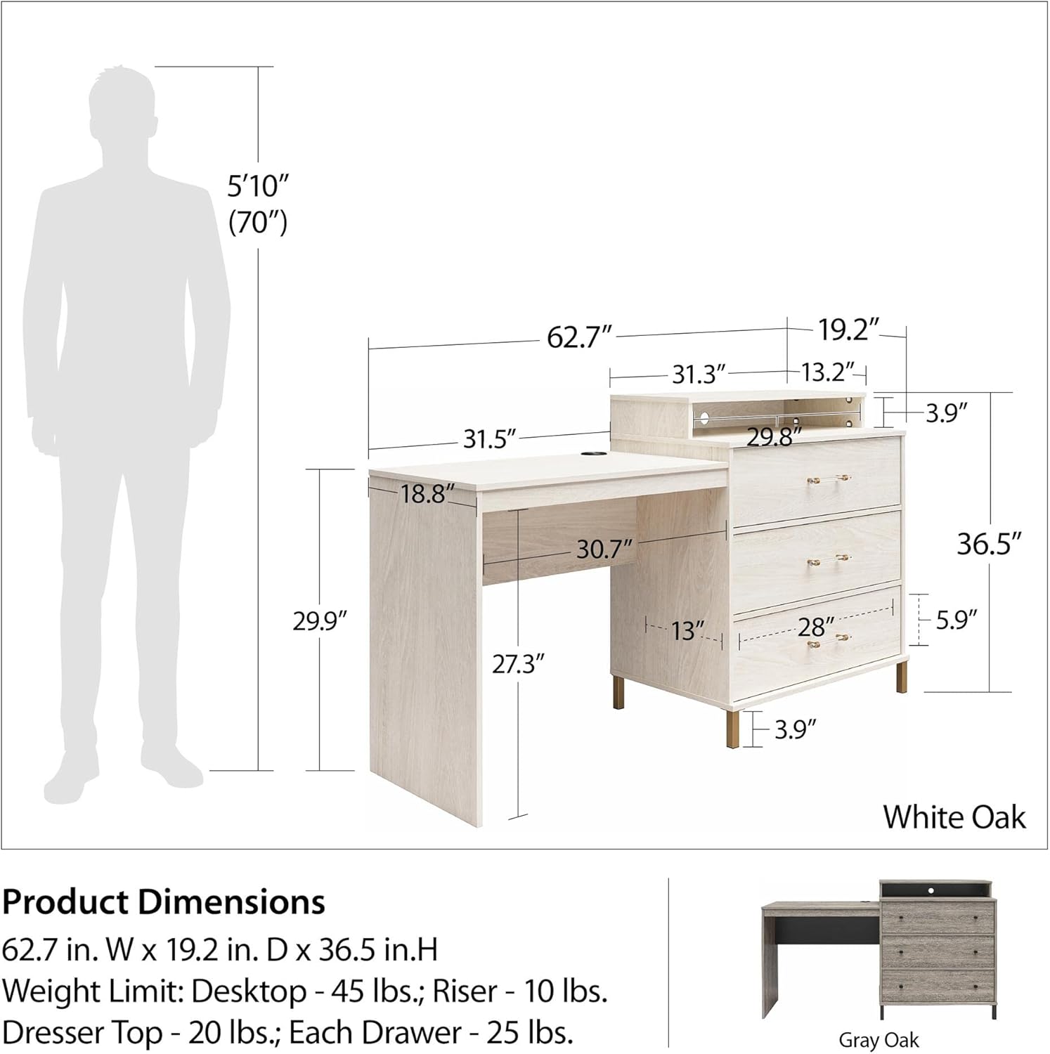 Ameriwood Home Kalissa Dresser/Desk Combo with Wireless-charger, White Oak