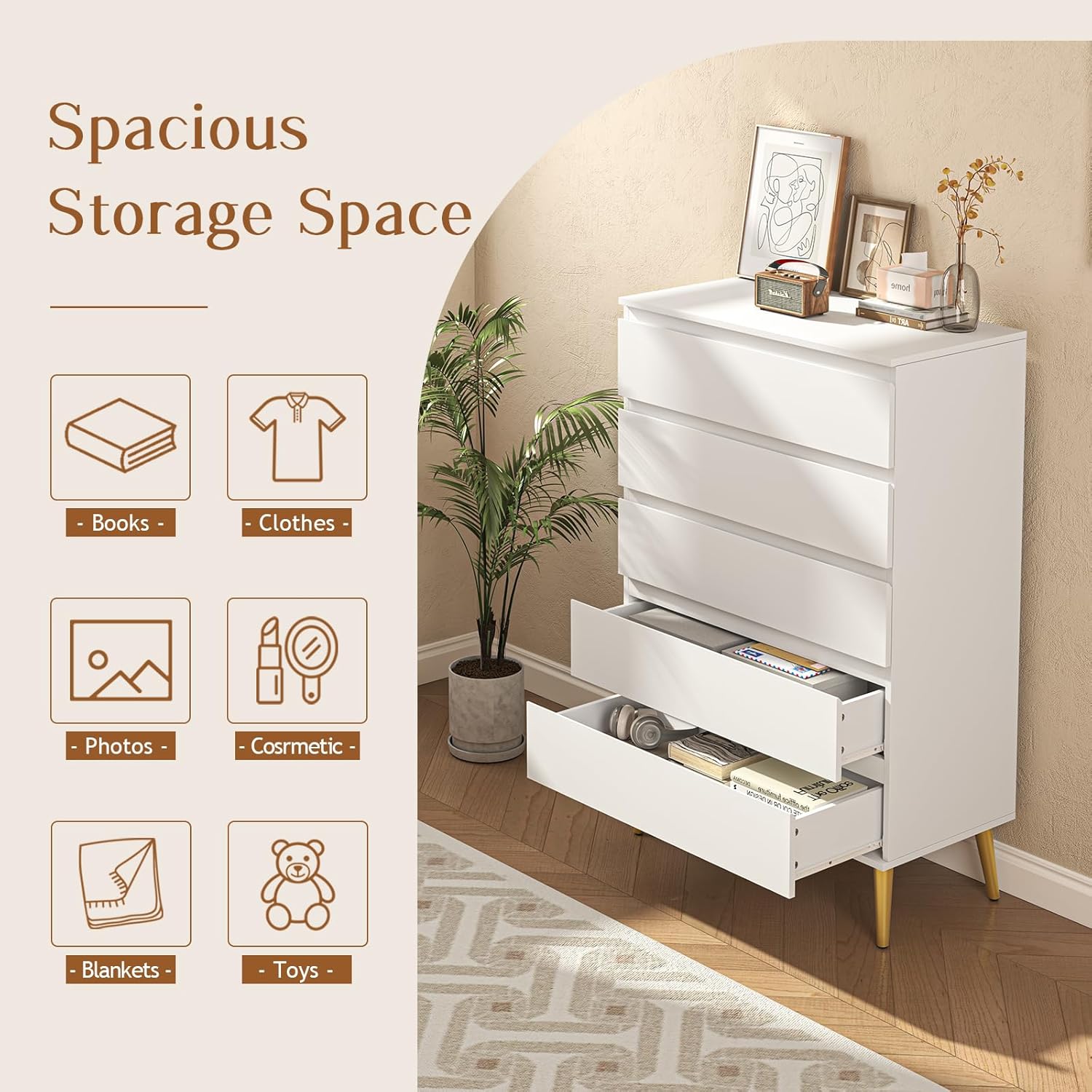 Dresser for Bedroom with 5 Drawers, Wide Chest of Drawers with Smooth Metal Rail, Clothing Organizer with Large Storage Space, Storage Cabinet for, Closet, Hallway