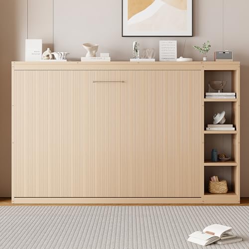 Wooden Murphy Cabinet Bed Frame with Charging Station, Full-Size Foldable Wall Bed with Large Storage Drawer for Home Apartment Limited Living Places, Space-Saving Hidden Bed No Box Spring Needed
