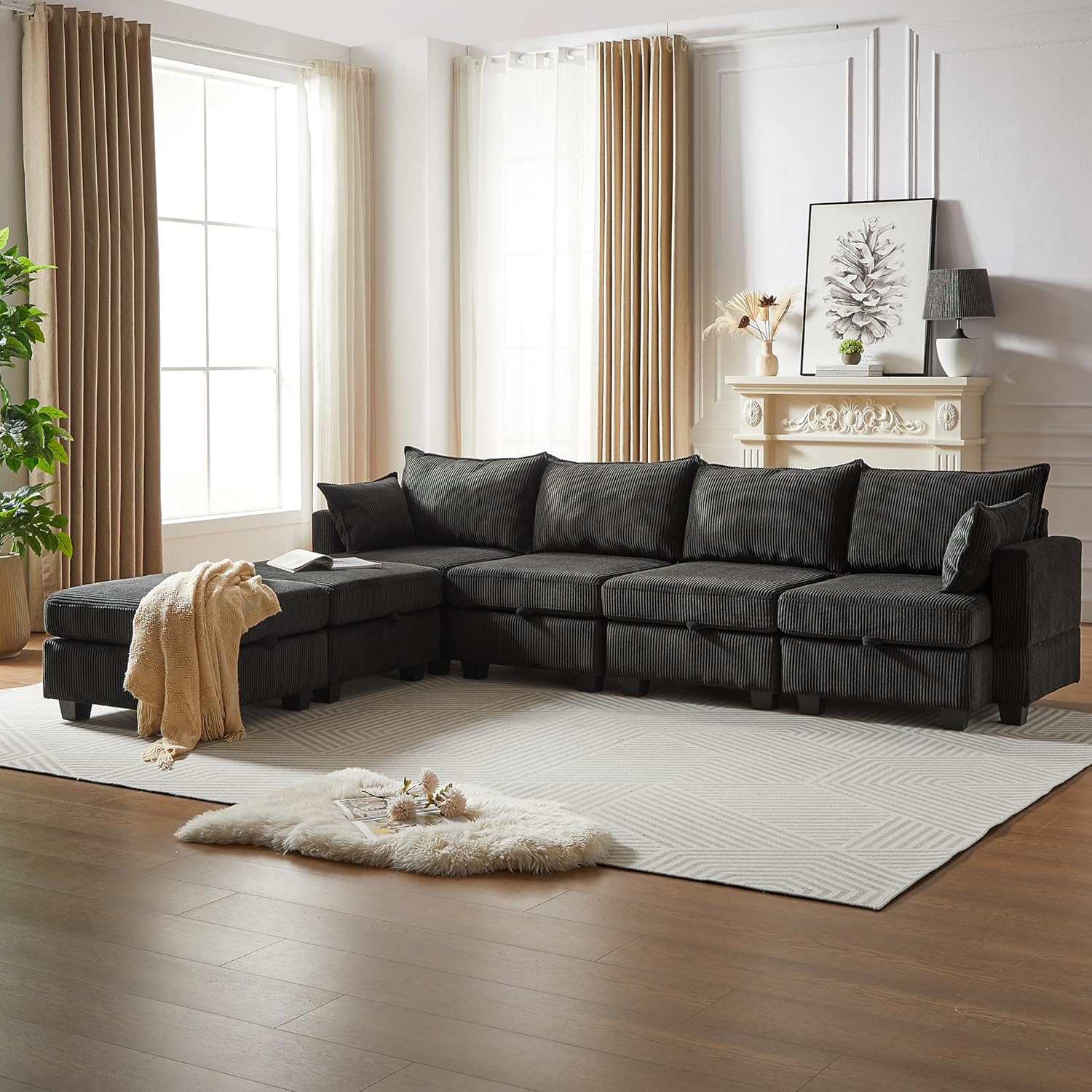 JUSTONE 113.5'' Modular Sectional Sofa with Storage, U Shaped Convertable Sectional Couch with Wide Chaise, Deep Seat Modular Sectional Sofa with Ottoman, Corduroy,Black