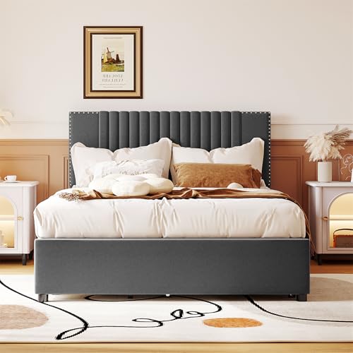 Full Size Linen Upholstered Platform Bed Frame with Twin XL Trundle and 2 Drawers Classic Headboard Design No Box Spring Required Noise Free Strong Wood Slat Support Easy to Assemble Beige