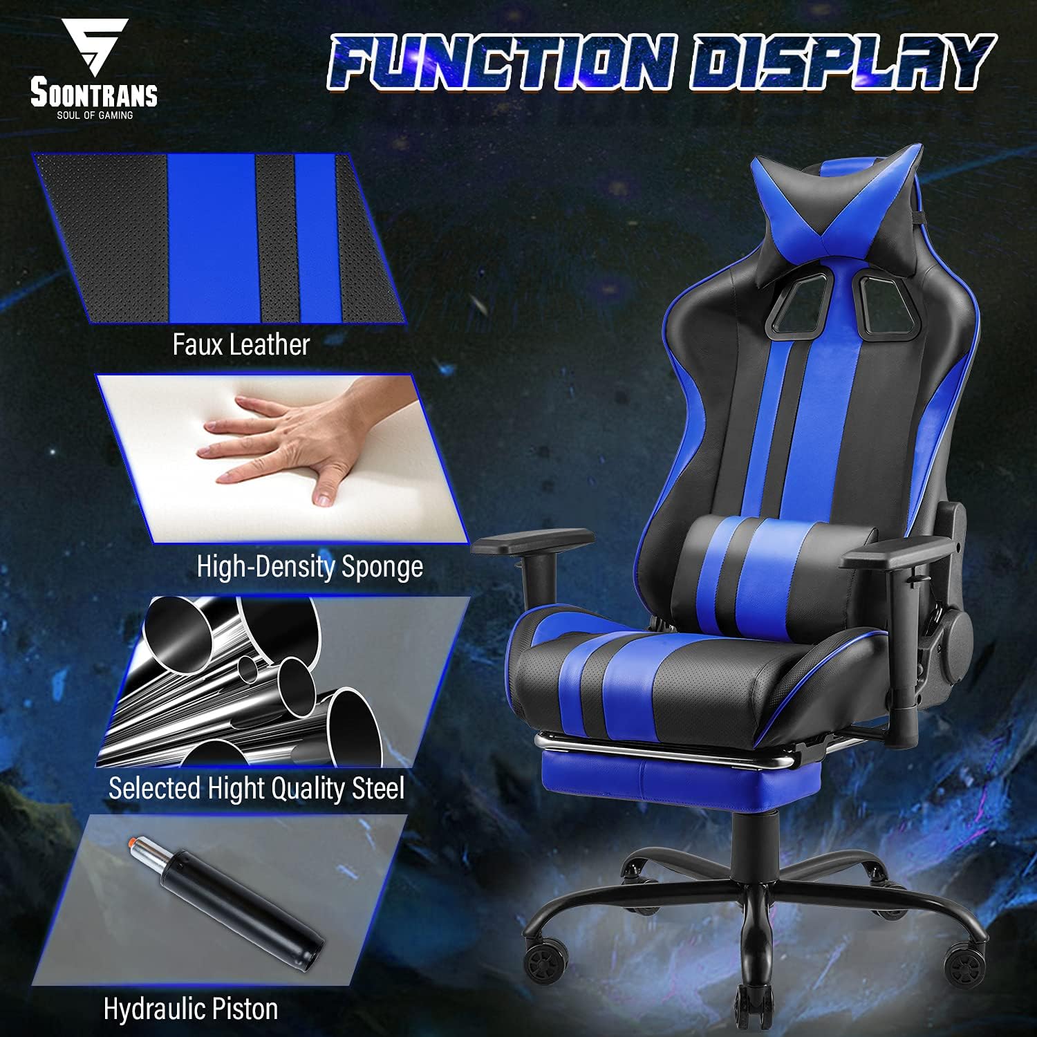 Soontrans Gamer Chair Gaming Chair Lumbar Support Office Chair with Footrest Recling Racing Chair Ergonomic Desk Chair with Headrest Armrest Support for Adults Men Women Teens(Royal Blue)