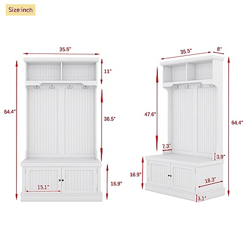 Modern Classic Hall Tree 4-in-1 Design Coat Racks Multi-Functional Entryway Coat Rack with Storage Shoe Bench Tall Hall Tree with 4 Hooks for Entryway,Hallway,Living Room (White)