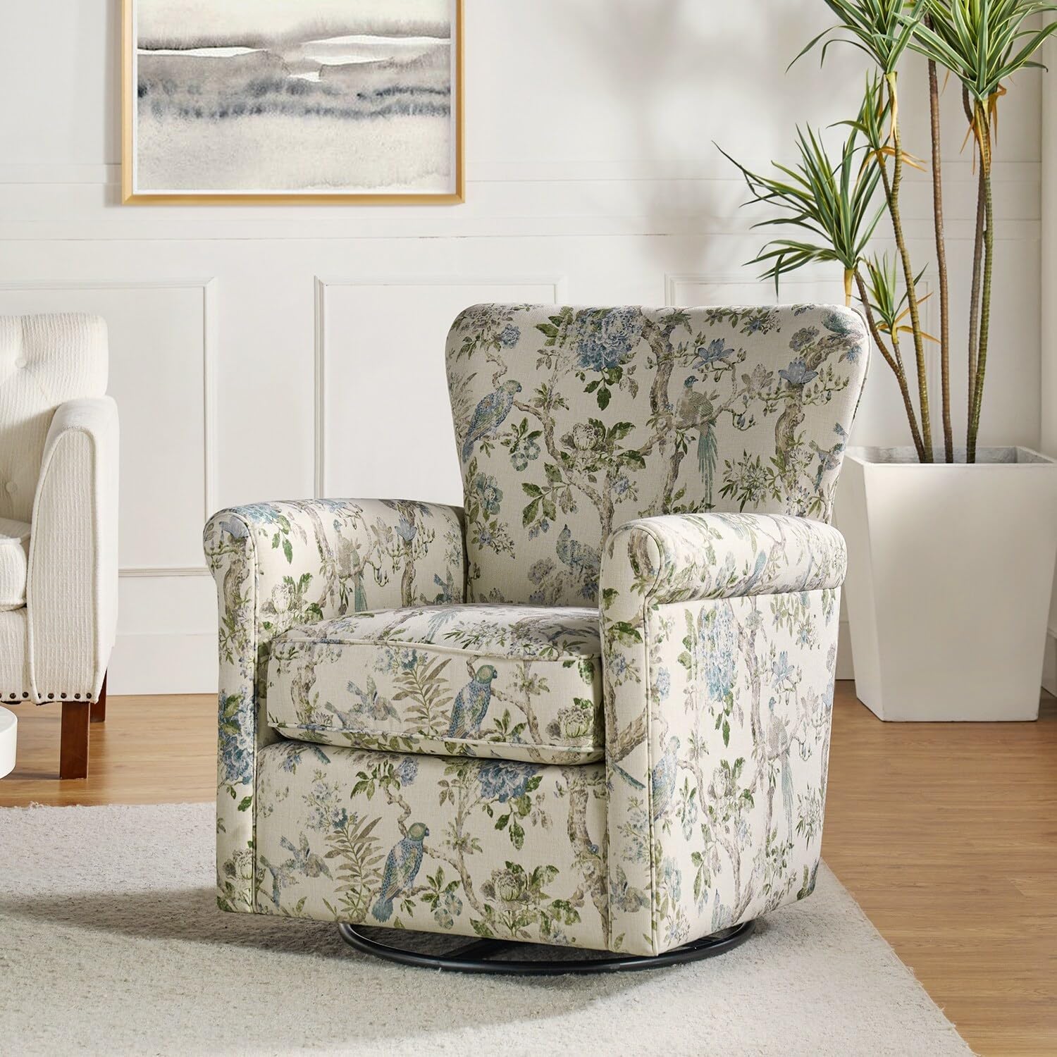 HULALA HOME Georg Comfortable Floral Fabric Swivel Rocker Chair with Rolled Armrest by Bird