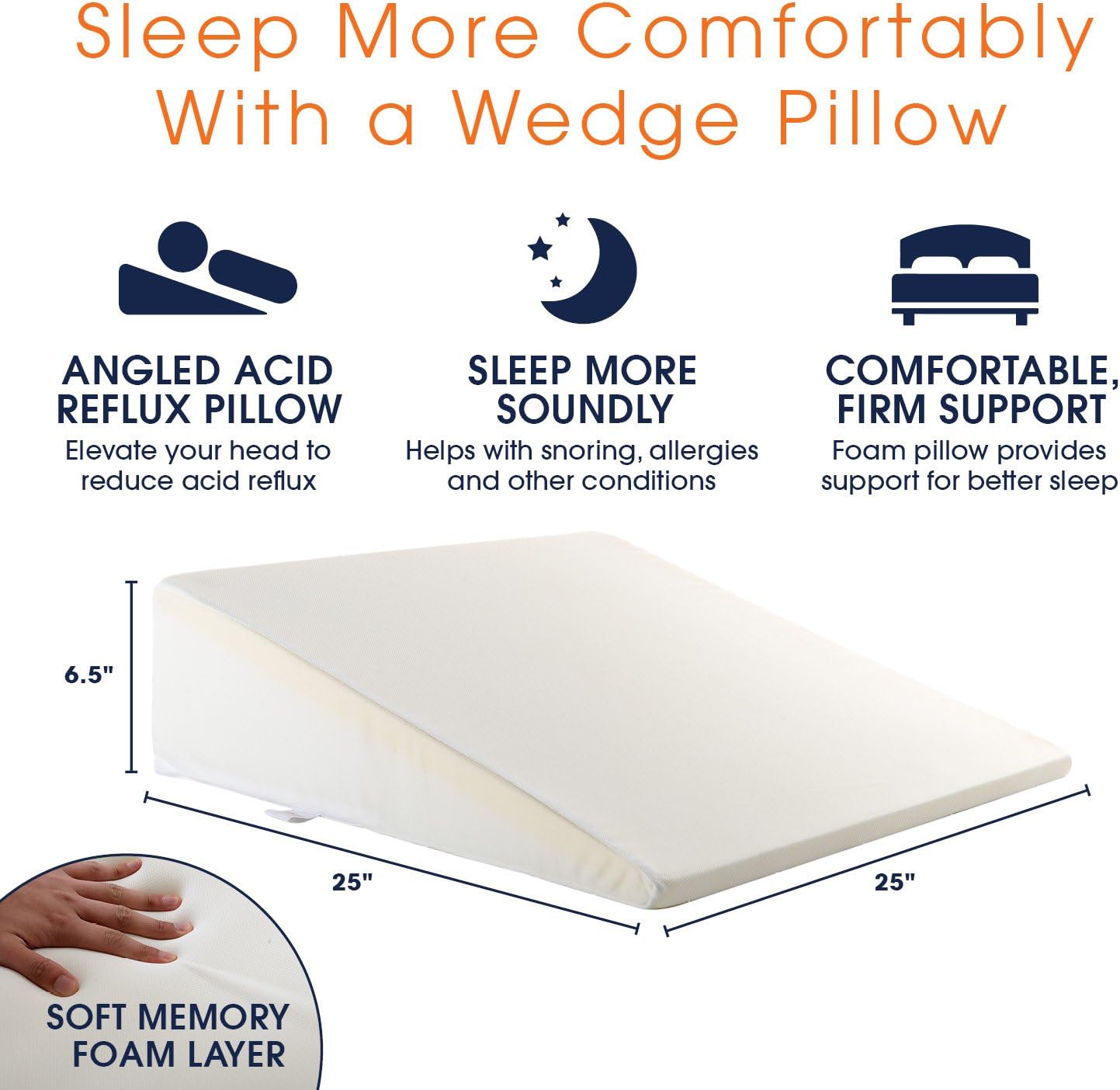 Cheer Collection Acid Reflux Bed Wedge Pillow for Sleeping Gentle Incline Cushion to Elevate and Support Head and Back (25" x 25" x 6.5")