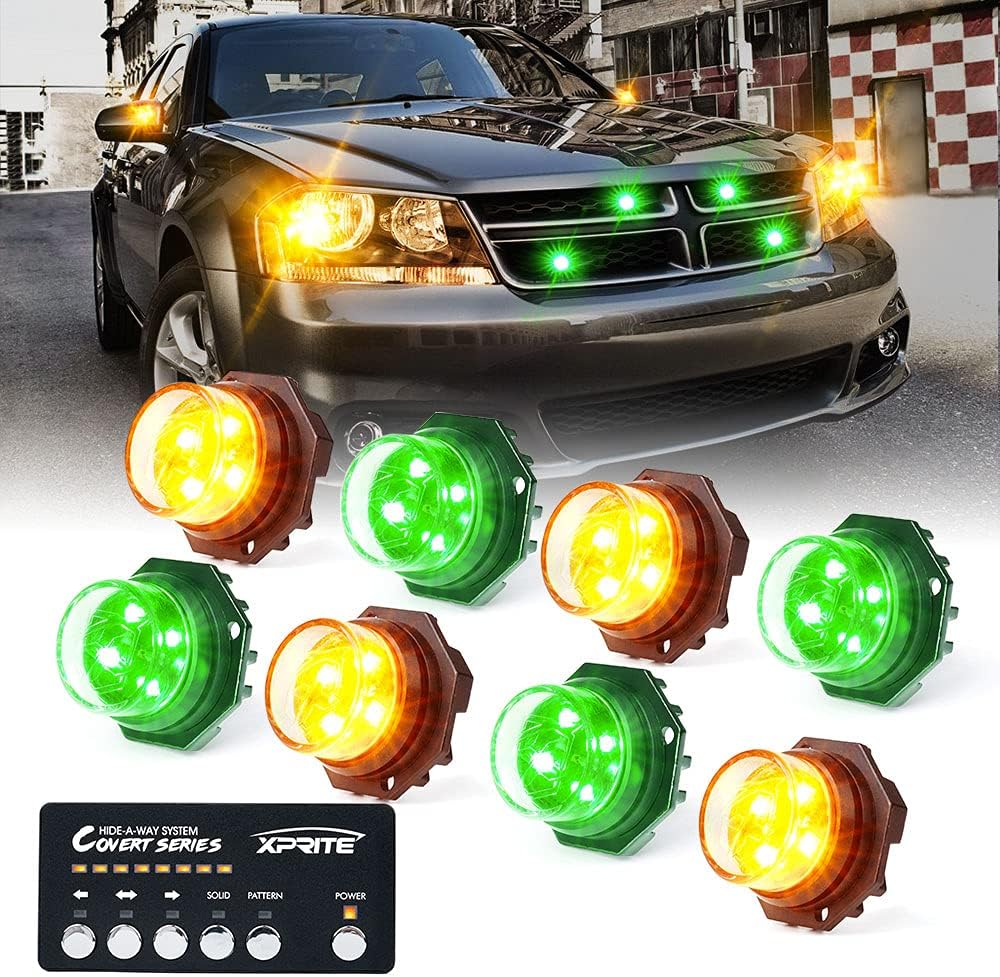 Xprite White LED Hideaway Strobe Lights Kit w/ Controller, Grille Surface Mount Hazard Warning Safety Flashing Light for Emergency Pickup Trucks Construction Vehicle Rear Tail Light Headlights 8 PCS