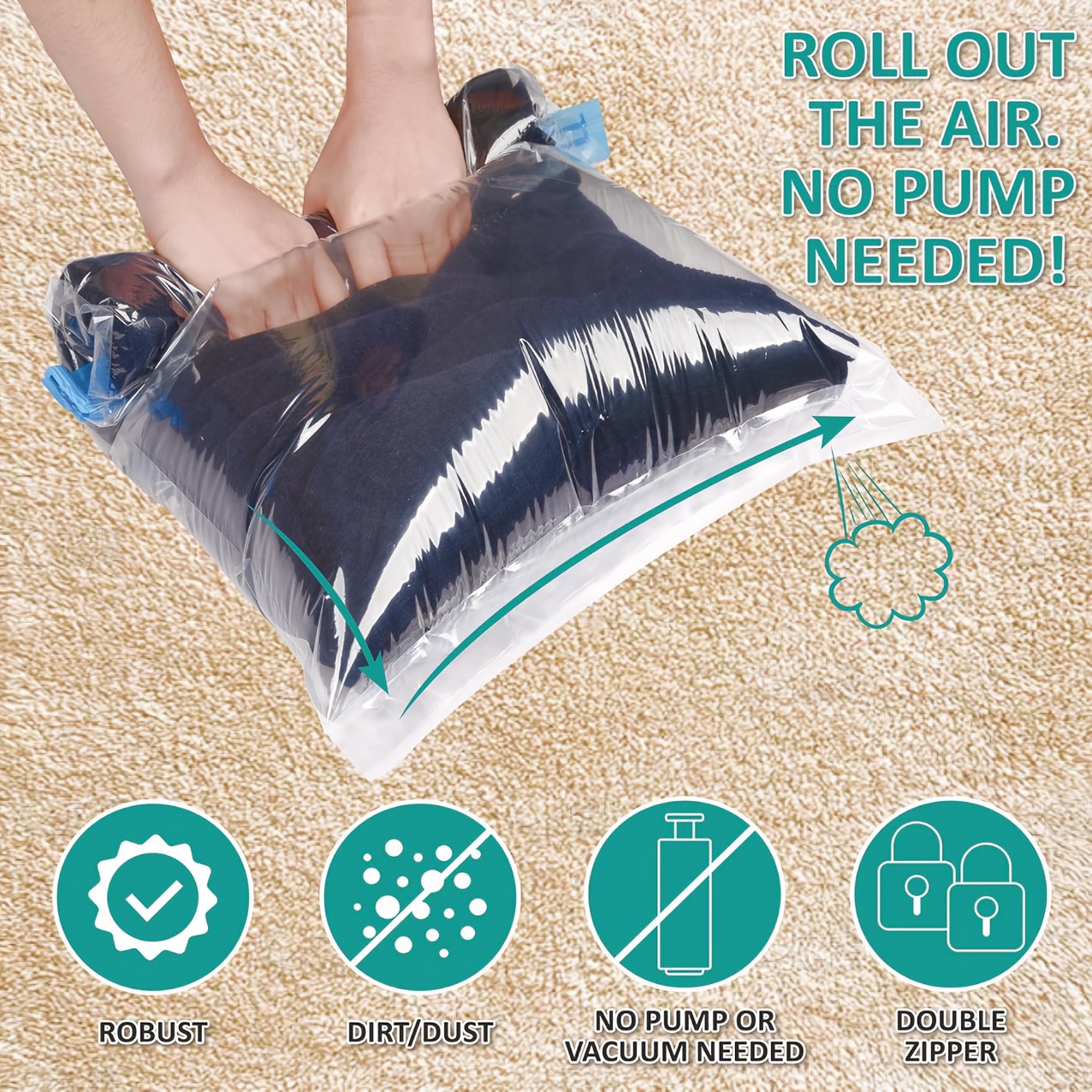 12 Pack Durable Plastic Roll-Up Space Saver Bags for Travel - Zippered Clothes Organizers with Carry Handles Stackable for Suitcases Closet Under Bed Storage
