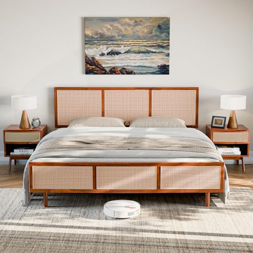 Bme Nancy Solid Acacia Wood Coffee Table for Living Room, Spacious Oval-Shaped 237 Lbs Top Capacity, Rattan Shelf Below, Mid Century, Rustic and Modern Style Living Room Furniture, Dark Chocolate