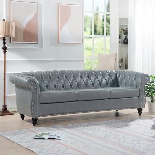 Couch, 3 Seater Sofa, Comfy PU Rolled Arm Chesterfield Couch, 84.65" Mid Century Modern Couches with Silver Studs Trim and Wooden Legs for Living Room Bed Room Apartment, Orange