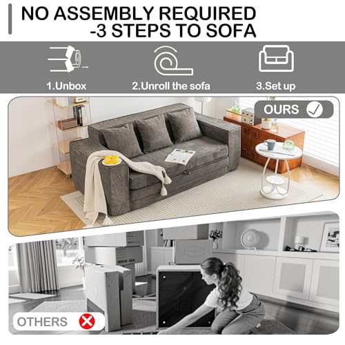 HOMREST 76" Convertible Memory Foam 3-seat Sofa, Pull Out Sleeper Sofa Bed, 2 in 1 Folding Couch Bed, Fold Out Floor Couch Corduroy Fabric with 3 Pillows for Living Room Bedroom Lounge (Grey)